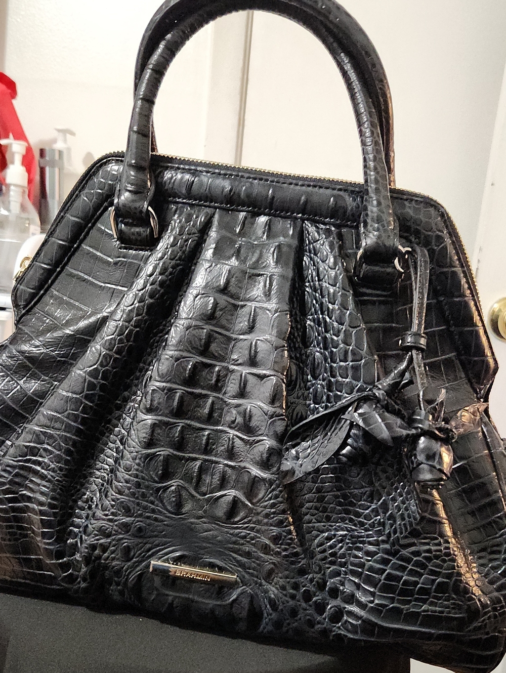 Brahmin Black Croc-Embossed Structured Satchel Handbag